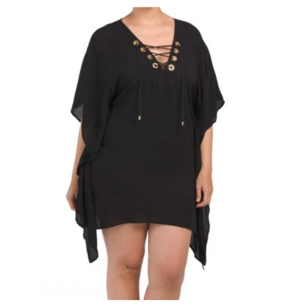 La Blanca Black Capri Lace Up Caftan Swim Cover-Up 3x Resort Beach Vacation